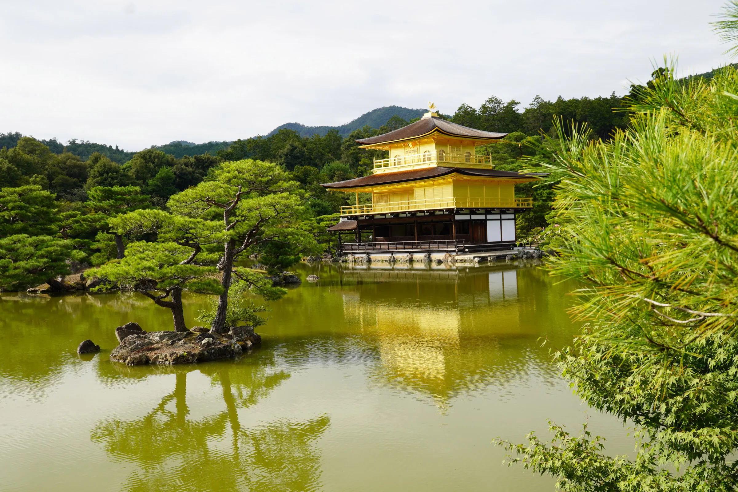 A gold-leafed pavilion standing at the edge of a still pond, with pines in front of it and forested hills behind