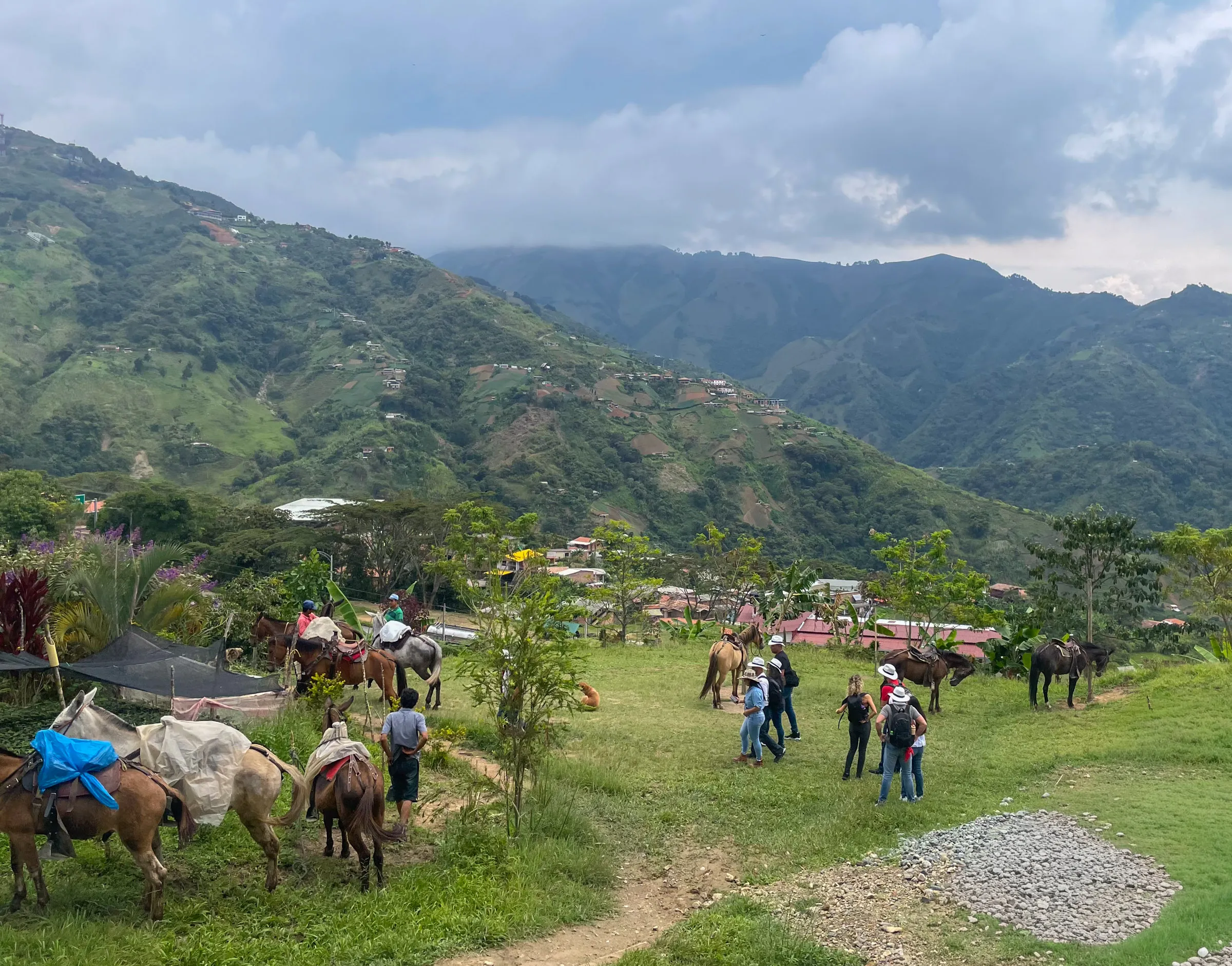 A group of people walking across a grassy hillside past saddled horses, with a green valley of scattered houses and cloud-topped mountains behind